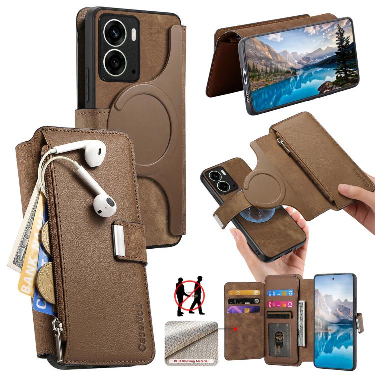 CaseNeo MagSafe RFID Anti-theft Zipper Wallet Retro Leather Phone Case, Compatible with Realme 14