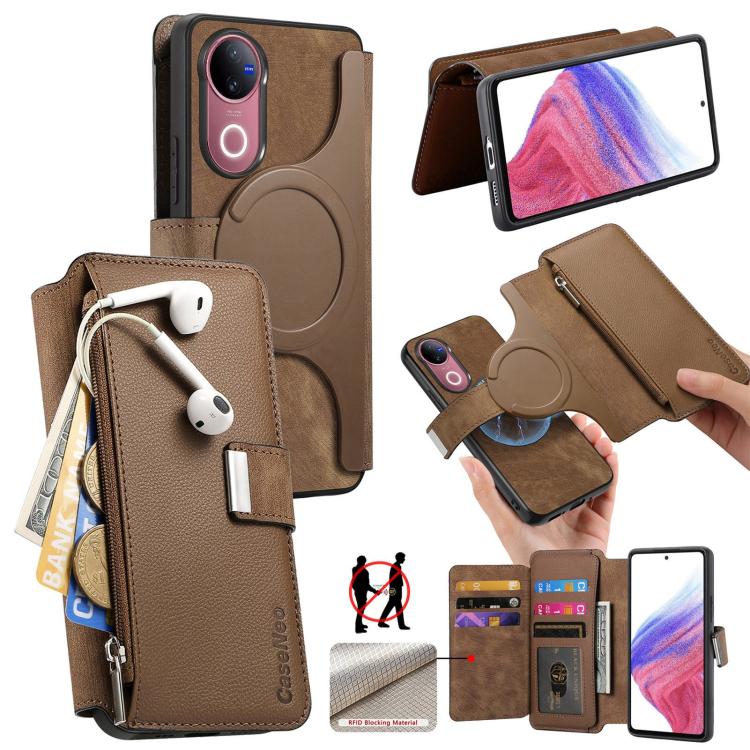 CaseNeo MagSafe RFID Anti-theft Zipper Wallet Retro Leather Phone Case, Compatible with vivo V50