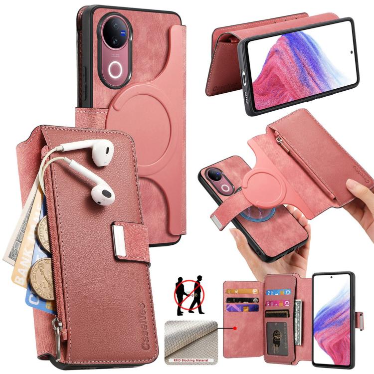 CaseNeo MagSafe RFID Anti-theft Zipper Wallet Retro Leather Phone Case, Compatible with vivo V50