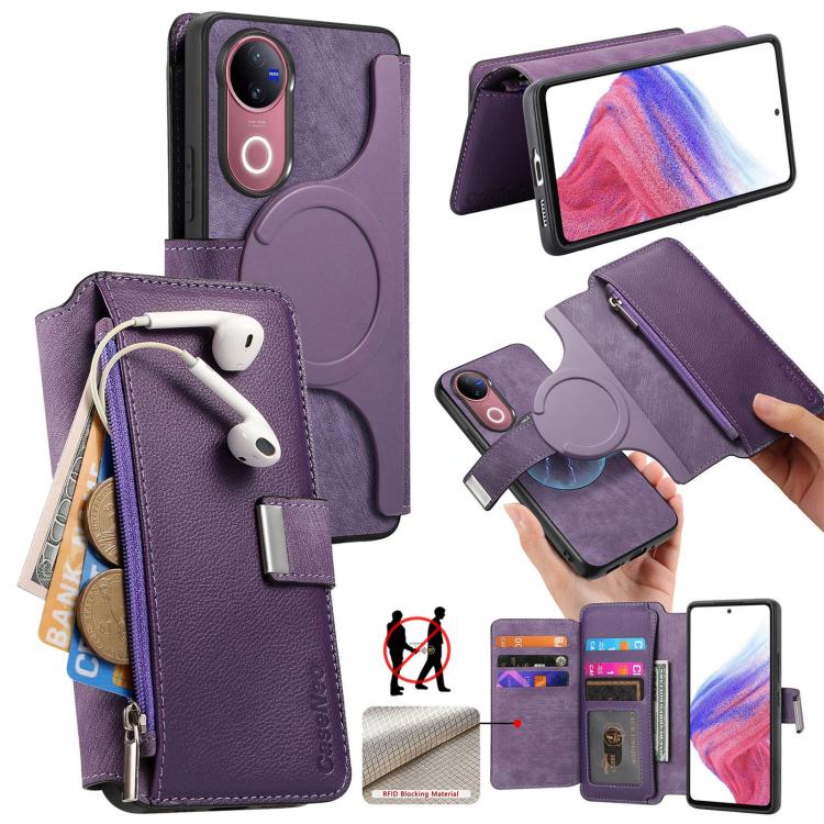 CaseNeo MagSafe RFID Anti-theft Zipper Wallet Retro Leather Phone Case, Compatible with vivo V50