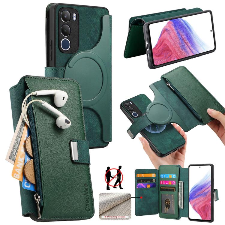 CaseNeo MagSafe RFID Anti-theft Zipper Wallet Retro Leather Phone Case, Compatible with vivo Y19s 4G
