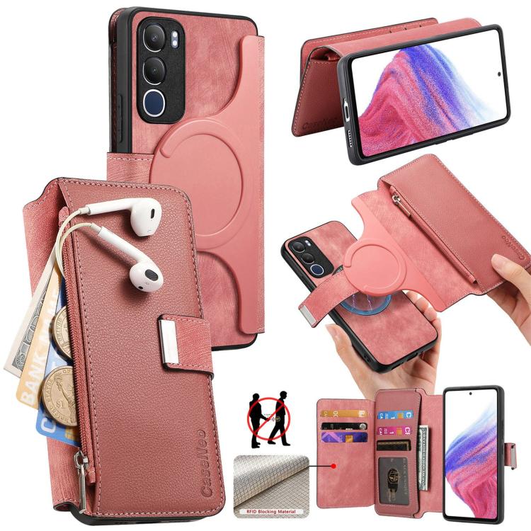 CaseNeo MagSafe RFID Anti-theft Zipper Wallet Retro Leather Phone Case, Compatible with vivo Y19s 4G