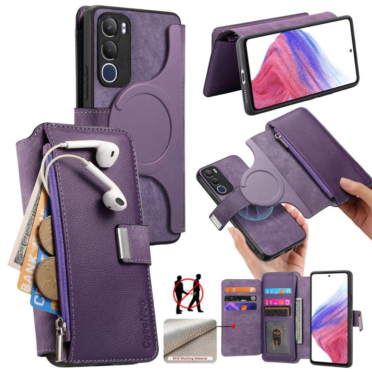 CaseNeo MagSafe RFID Anti-theft Zipper Wallet Retro Leather Phone Case, Compatible with vivo Y19s 4G
