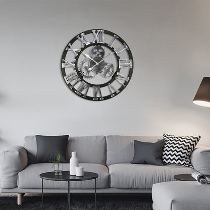 Retro Wooden Round Single-sided Gear Clock Rome Number Wall Clock, Diameter: 80cm, Rome Number 80cm