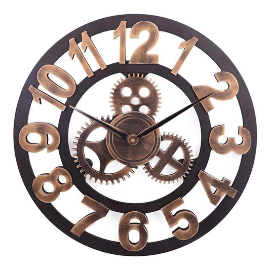 Retro Wooden Round Single-sided Gear Clock Arabic Number Wall Clock, Diameter: 35cm, Number 35cm