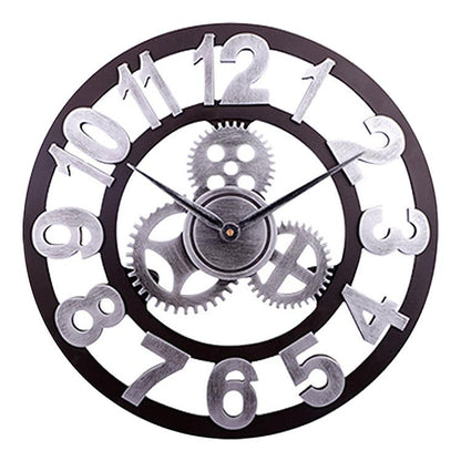Retro Wooden Round Single-sided Gear Clock Arabic Number Wall Clock, Diameter: 35cm, Number 35cm