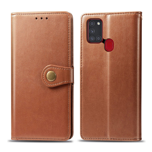 For Samsung Galaxy A21S Retro Solid Color Leather Buckle Phone Case with Lanyard & Photo Frame & Card Slot & Wallet & Stand Function