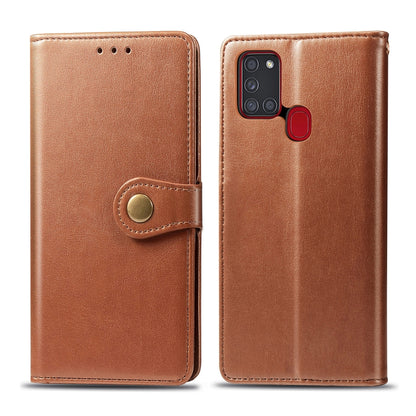 For Samsung Galaxy A21S Retro Solid Color Leather Buckle Phone Case with Lanyard & Photo Frame & Card Slot & Wallet & Stand Function