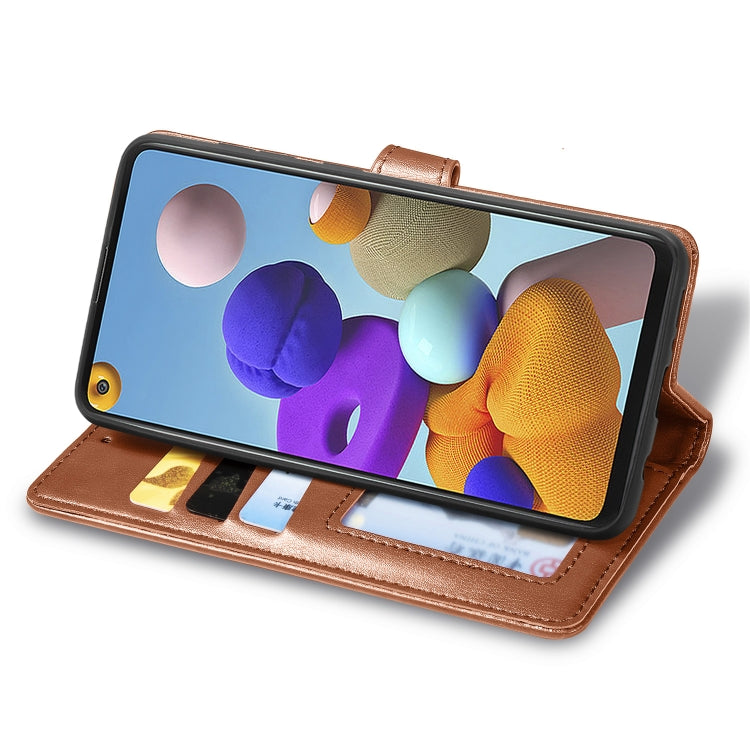 For Samsung Galaxy A21S Retro Solid Color Leather Buckle Phone Case with Lanyard & Photo Frame & Card Slot & Wallet & Stand Function