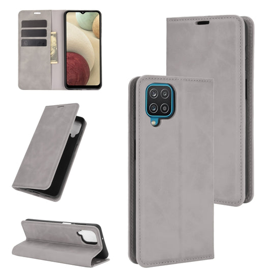 For Samsung Galaxy A12 Retro-skin Business Magnetic Suction Leather Case with Holder & Card Slots & Wallet