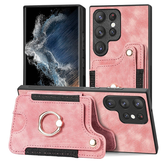 Retro Skin-feel Ring Multi-card Wallet Phone Case, For Samsung Galaxy S22 Ultra 5G