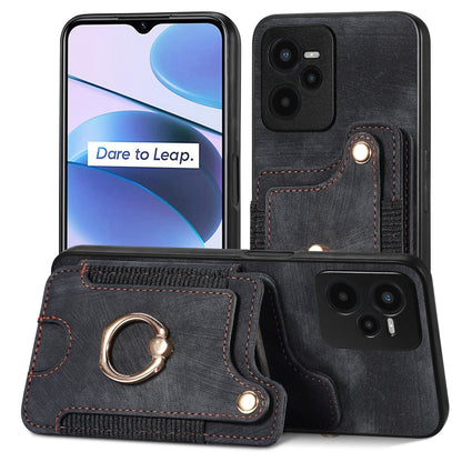Retro Skin-feel Ring Multi-card Wallet Phone Case, For Realme C35