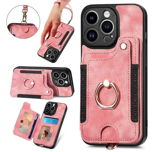 Retro Skin-feel Ring Multi-card Wallet Phone Case, Compatible with iPhone 15 Pro