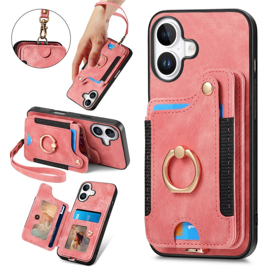 Retro Skin-feel Ring Multi-card Wallet Phone Case, Compatible with iPhone 16 Plus