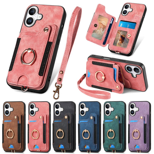 Retro Skin-feel Ring Multi-card Wallet Phone Case, Compatible with iPhone 16 Pro