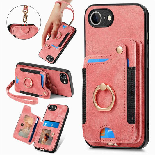 Retro Skin-feel Ring Multi-card Wallet Phone Case, Compatible with iPhone 16e