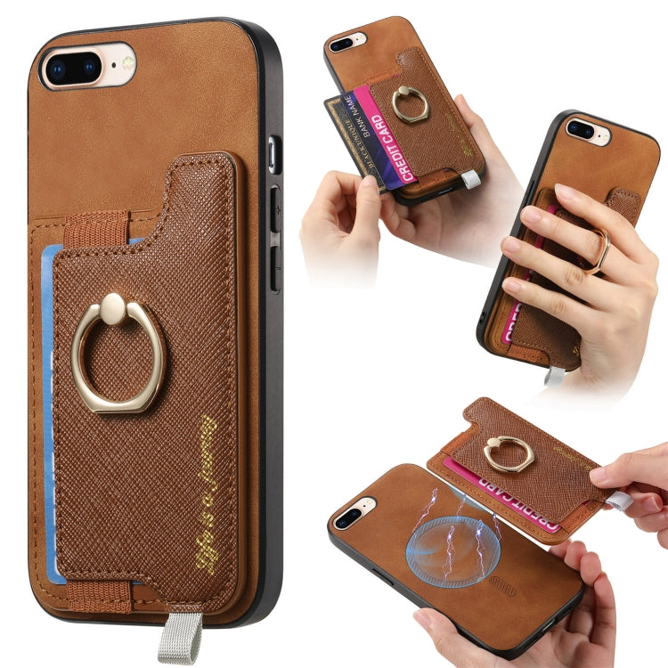 Retro Magsafe Cross Leather Ring Holder Card Bag Phone Case, Compatible with iPhone 7 Plus / 8 Plus