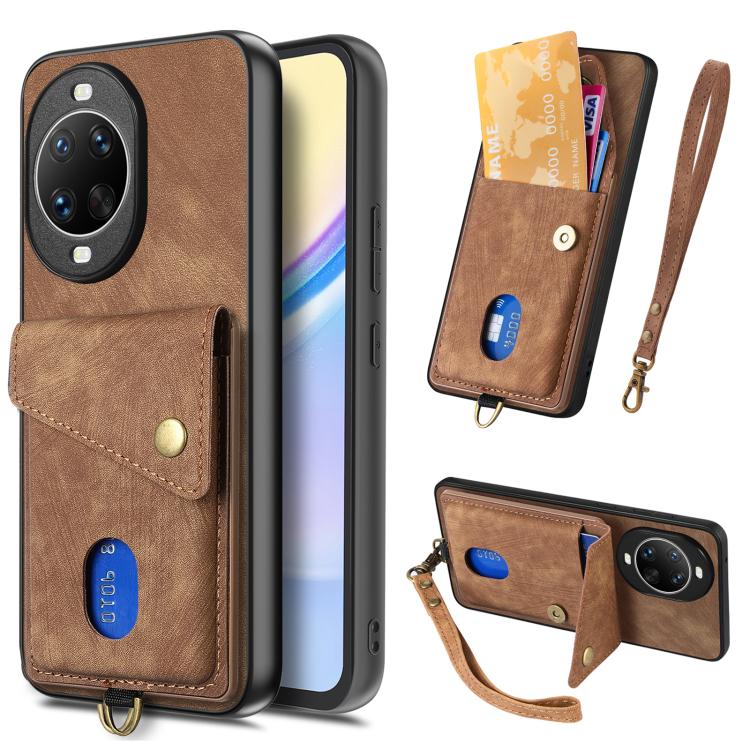 Retro Card Wallet Fold Leather Phone Case with Strap, Compatible with Huawei nova 14