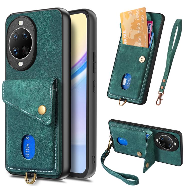 Retro Card Wallet Fold Leather Phone Case with Strap, Compatible with Huawei nova 14 Pro