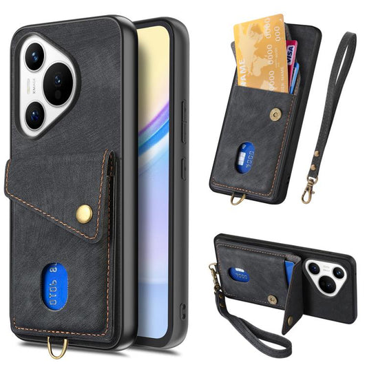 Retro Card Wallet Fold Leather Phone Case with Strap, Compatible with Huawei Pura 70