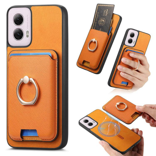 Retro Cross Leather Ring Vertical Insert Card Bag MagSafe Phone Case, Compatible with Motorola Moto G35