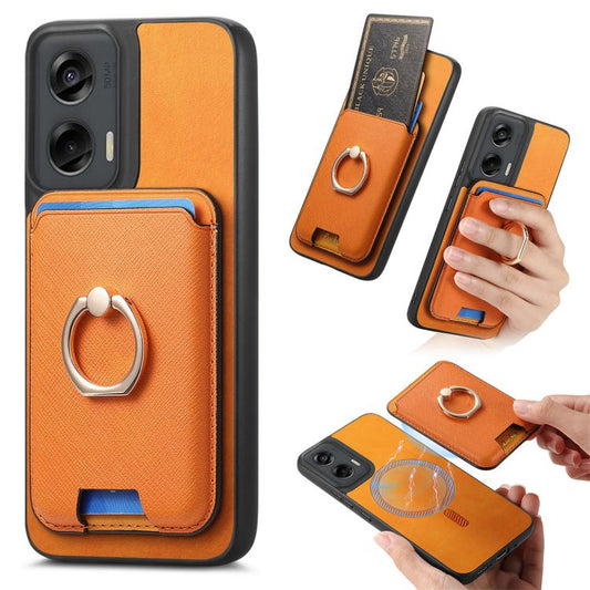 Retro Cross Leather Ring Vertical Insert Card Bag MagSafe Phone Case, Compatible with Motorola Moto G Stylus 5G 2024