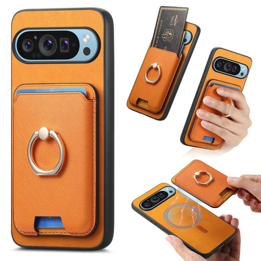 Retro Cross Leather Ring Vertical Insert Card Bag MagSafe Phone Case, Compatible with Google Pixel 9 Pro XL