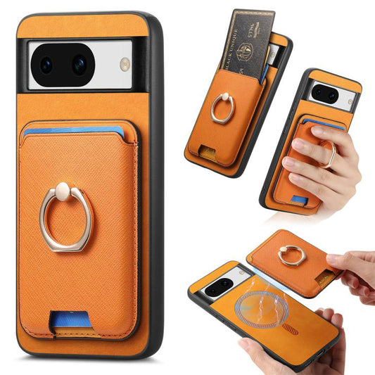 Retro Cross Leather Ring Vertical Insert Card Bag MagSafe Phone Case, Compatible with Google Pixel 8a