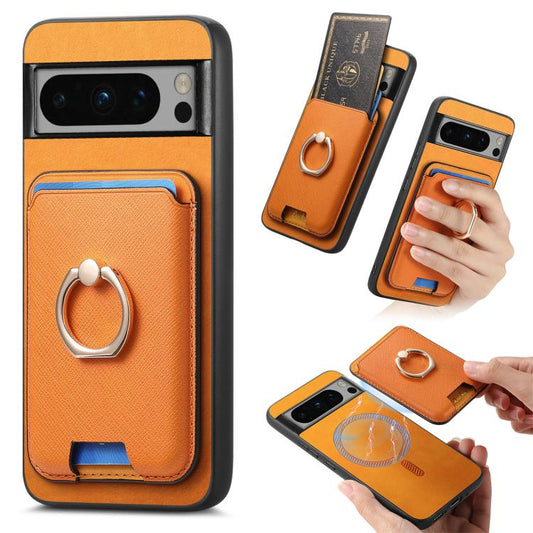 Retro Cross Leather Ring Vertical Insert Card Bag MagSafe Phone Case, Compatible with Google Pixel 8 Pro