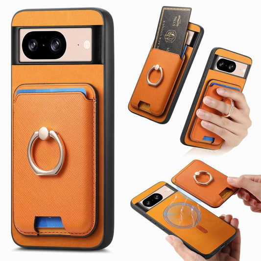 Retro Cross Leather Ring Vertical Insert Card Bag MagSafe Phone Case, Compatible with Google Pixel 8