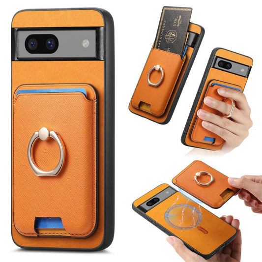 Retro Cross Leather Ring Vertical Insert Card Bag MagSafe Phone Case, Compatible with Google Pixel 7a