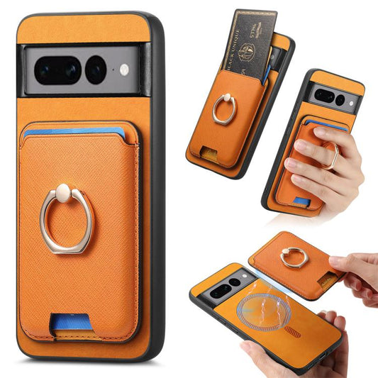 Retro Cross Leather Ring Vertical Insert Card Bag MagSafe Phone Case, Compatible with Google Pixel 7 Pro