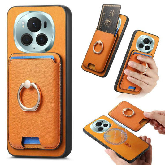 Retro Cross Leather Ring Vertical Insert Card Bag MagSafe Phone Case, Compatible with Honor Magic6 Pro 5G