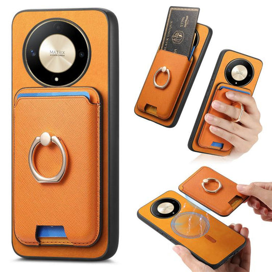 Retro Cross Leather Ring Vertical Insert Card Bag MagSafe Phone Case, Compatible with Honor X9b / Magic6 Lite