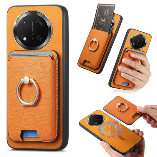 Retro Cross Leather Ring Vertical Insert Card Bag MagSafe Phone Case, Compatible with Honor X9C