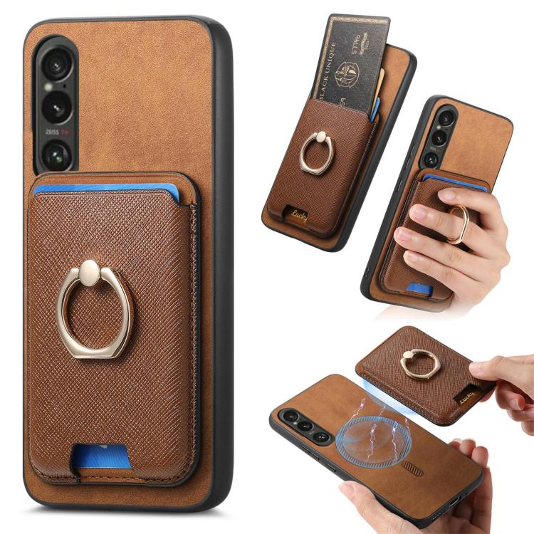 Retro Cross Leather Ring Vertical Insert Card Bag MagSafe Phone Case, Compatible with Sony Xperia 1 VI