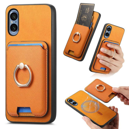 Retro Cross Leather Ring Vertical Insert Card Bag MagSafe Phone Case, Compatible with Sony Xperia 5 V