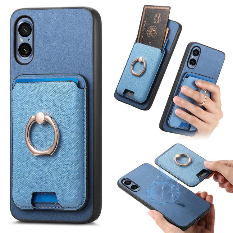 Retro Cross Leather Ring Vertical Insert Card Bag MagSafe Phone Case, Compatible with Sony Xperia 5 V