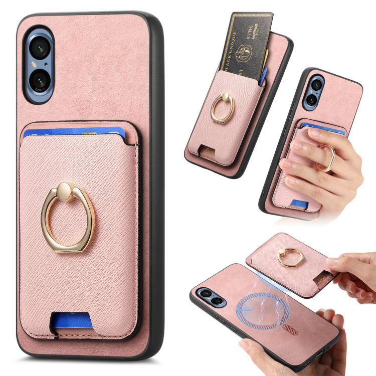Retro Cross Leather Ring Vertical Insert Card Bag MagSafe Phone Case, Compatible with Sony Xperia 5 V