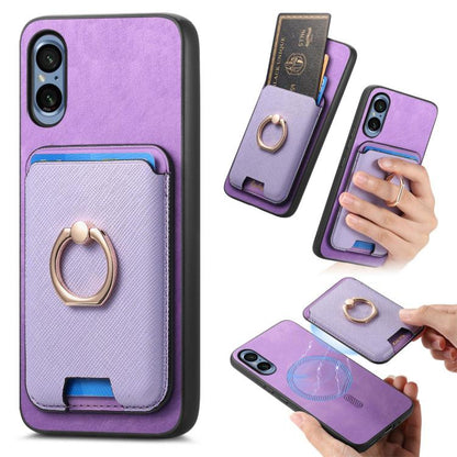 Retro Cross Leather Ring Vertical Insert Card Bag MagSafe Phone Case, Compatible with Sony Xperia 5 V