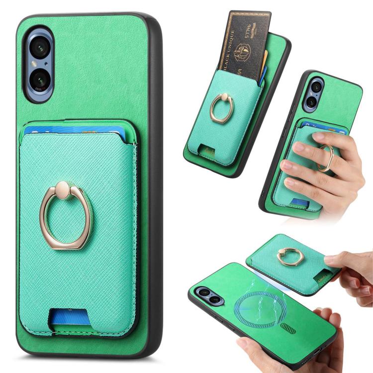 Retro Cross Leather Ring Vertical Insert Card Bag MagSafe Phone Case, Compatible with Sony Xperia 5 V