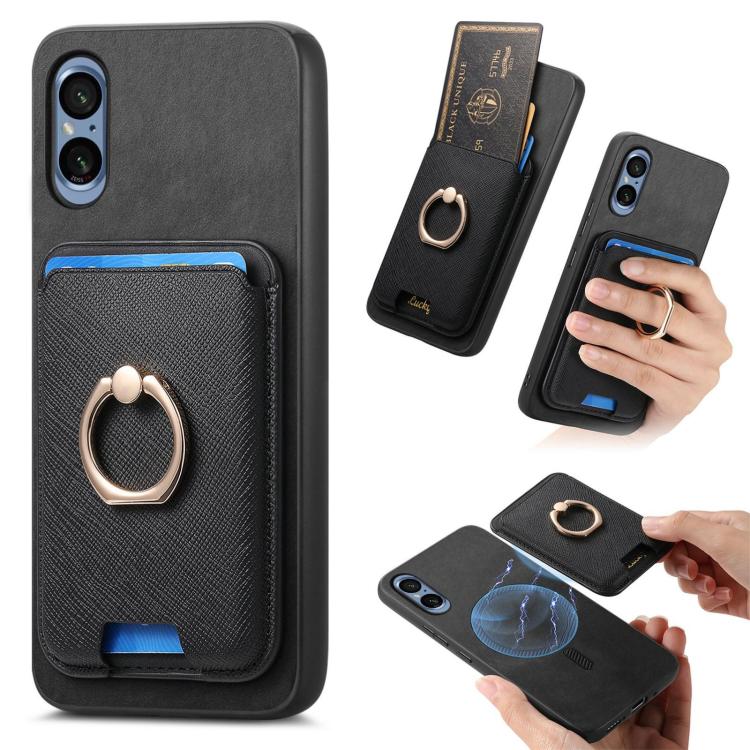 Retro Cross Leather Ring Vertical Insert Card Bag MagSafe Phone Case, Compatible with Sony Xperia 5 V