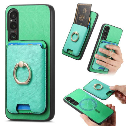Retro Cross Leather Ring Vertical Insert Card Bag MagSafe Phone Case, Compatible with Sony Xperia 1 V