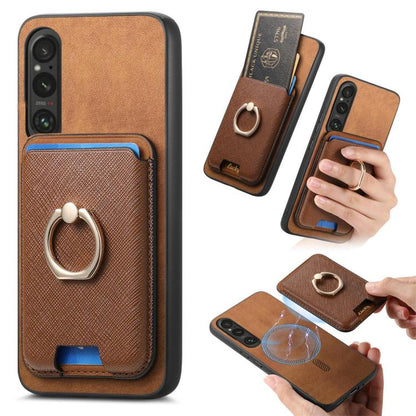 Retro Cross Leather Ring Vertical Insert Card Bag MagSafe Phone Case, Compatible with Sony Xperia 1 V