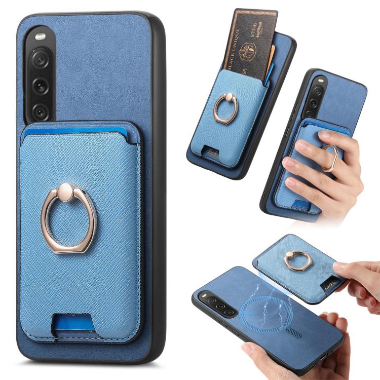 Retro Cross Leather Ring Vertical Insert Card Bag MagSafe Phone Case, Compatible with Sony Xperia 10 V
