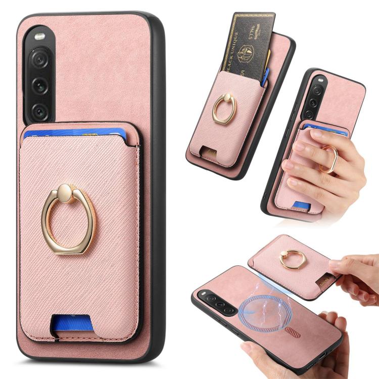 Retro Cross Leather Ring Vertical Insert Card Bag MagSafe Phone Case, Compatible with Sony Xperia 10 V