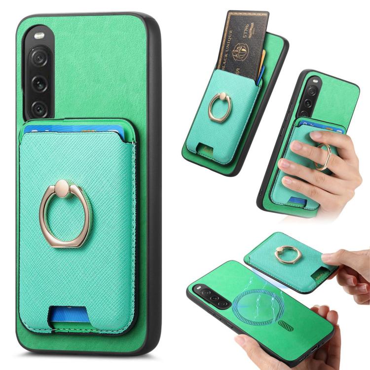 Retro Cross Leather Ring Vertical Insert Card Bag MagSafe Phone Case, Compatible with Sony Xperia 10 V