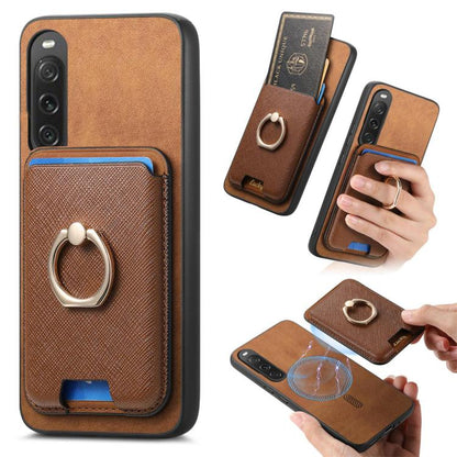 Retro Cross Leather Ring Vertical Insert Card Bag MagSafe Phone Case, Compatible with Sony Xperia 10 V