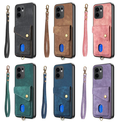 Retro Card Wallet Fold Leather Phone Case with Strap