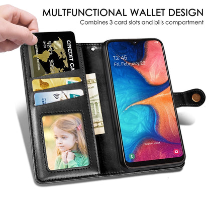 Retro Solid Color Leather Buckle Mobile Phone Protection Leather Case with Lanyard & Photo Frame & Card Slot & Wallet & Bracket Function for Galaxy A20e